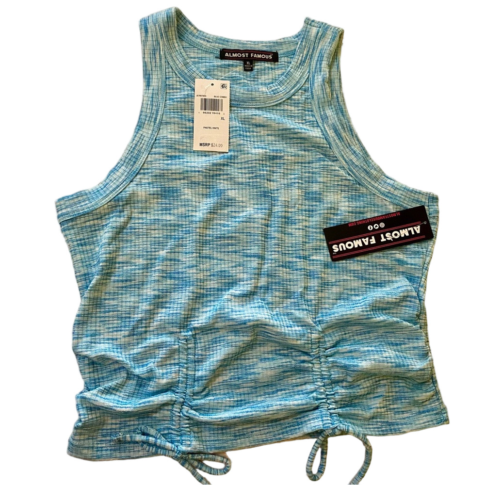 Almost Famous New Size XL Tank Top Blue Cameo Pastel Knit Sleeveless Tie Details